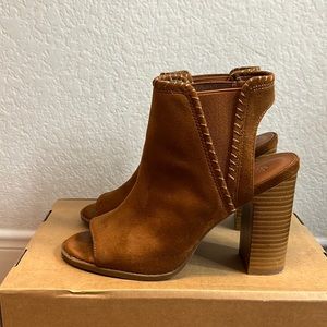 Brown peep toe booties with heel